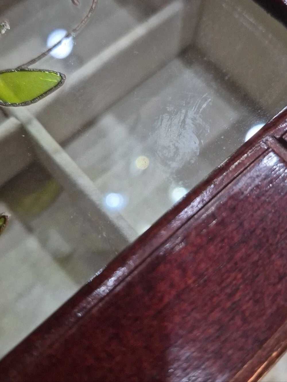 Vintage Wooden Jewelry Box With Floral Stained Glass & Drawers Cottagecore